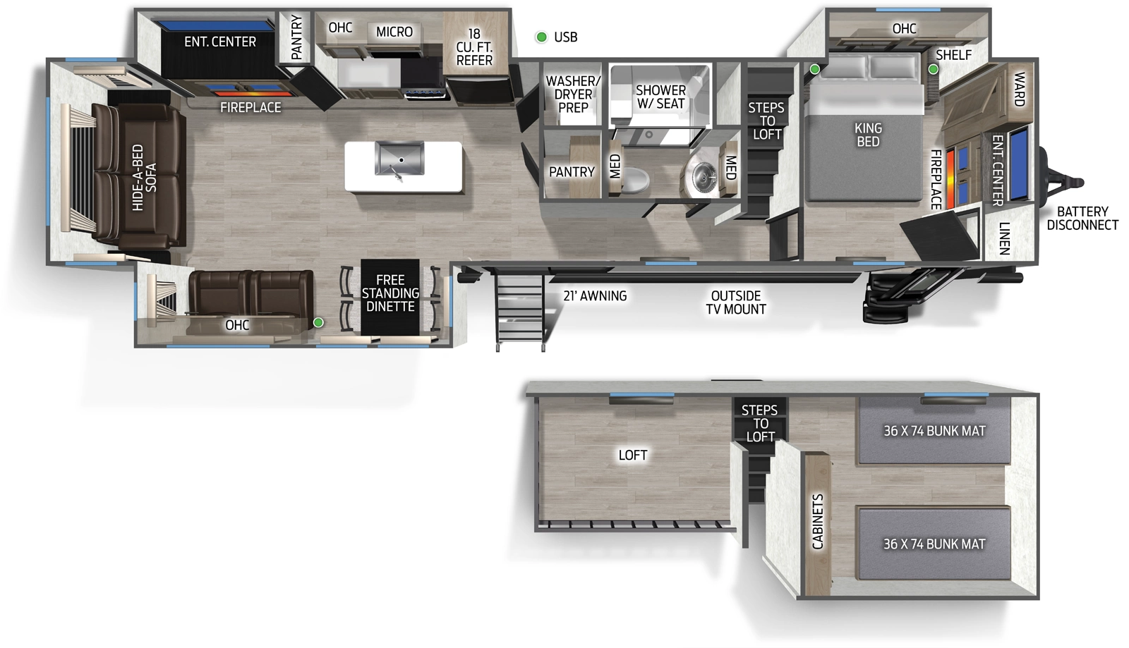 The Cascade 39DLC floorplan has two entries and three slide outs. Exterior features include: fiberglass exterior and 21' awning. Interiors features include: loft, kitchen island, free-standing dinette option, front bedroom and rear living.